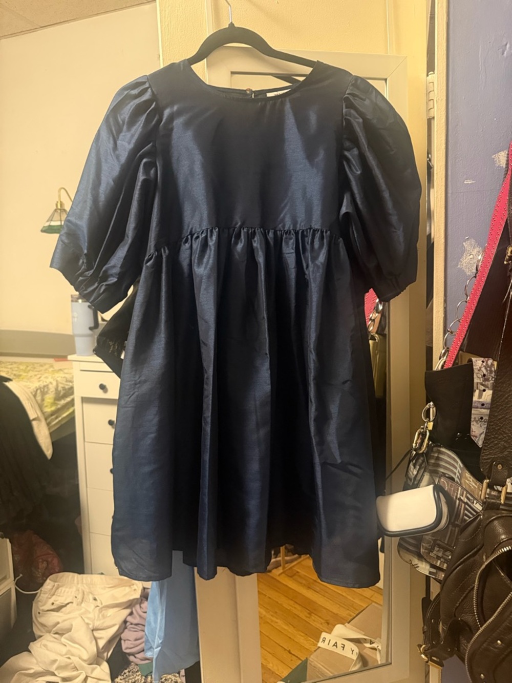 Kika Vargas Navy Blue Mini Dress with Puff Sleeves
